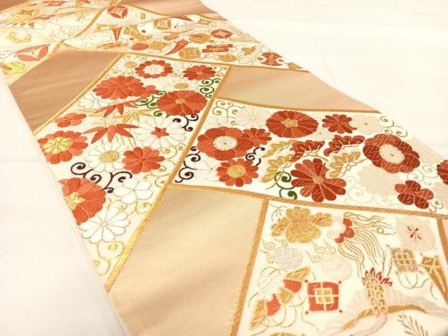 平和屋着物◎六通柄袋帯 唐織 檜垣花鳥文 宝尽くし 金銀糸 正絹 逸品 AABE3562yx