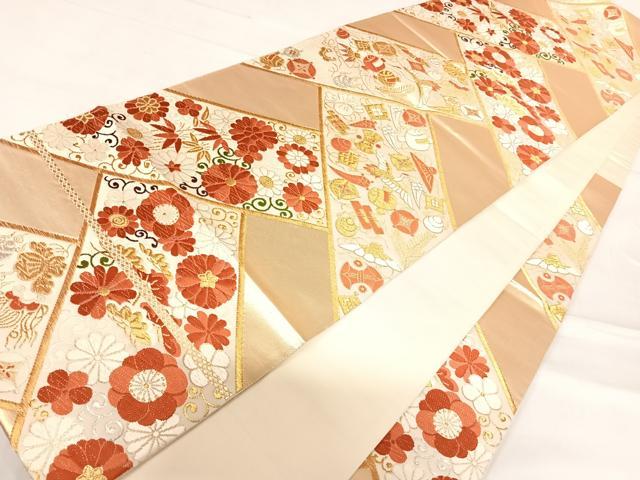 平和屋着物◎六通柄袋帯 唐織 檜垣花鳥文 宝尽くし 金銀糸 正絹 逸品 AABE3562yx