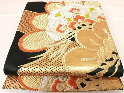 平和屋着物◎六通柄袋帯　唐織　流水笠松花文　黒地　金銀糸　正絹　逸品　AABE3565yx