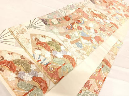 平和屋着物◎六通柄袋帯 唐織 扇面花文 金銀糸 正絹 逸品 AABE3568yx