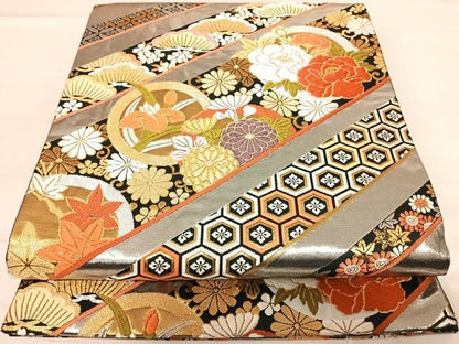 平和屋着物◎六通柄袋帯　唐織　隆昌花丸文　黒地　金銀糸　正絹　逸品　AABE3569yx
