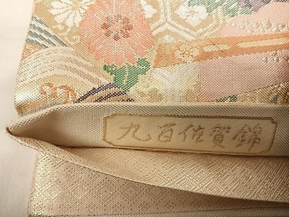 平和屋着物◎九百佐賀錦 六通柄袋帯 慶長 扇面花鳥文 金銀糸 正絹 逸品 AABE3570yx