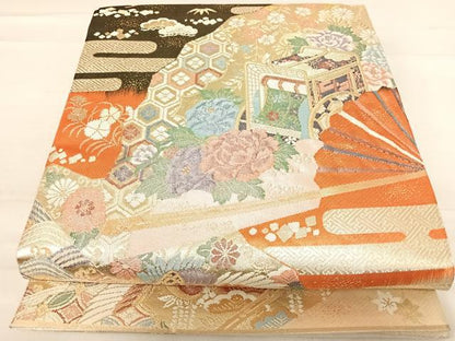 平和屋着物◎九百佐賀錦 六通柄袋帯 慶長 扇面花鳥文 金銀糸 正絹 逸品 AABE3570yx