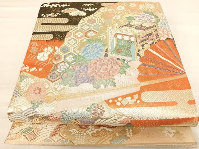 平和屋着物◎九百佐賀錦 六通柄袋帯 慶長 扇面花鳥文 金銀糸 正絹 逸品 AABE3570yx