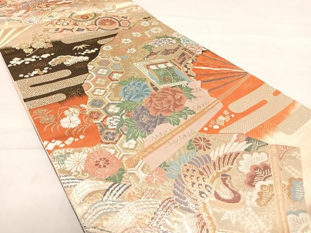 平和屋着物◎九百佐賀錦 六通柄袋帯 慶長 扇面花鳥文 金銀糸 正絹 逸品 AABE3570yx