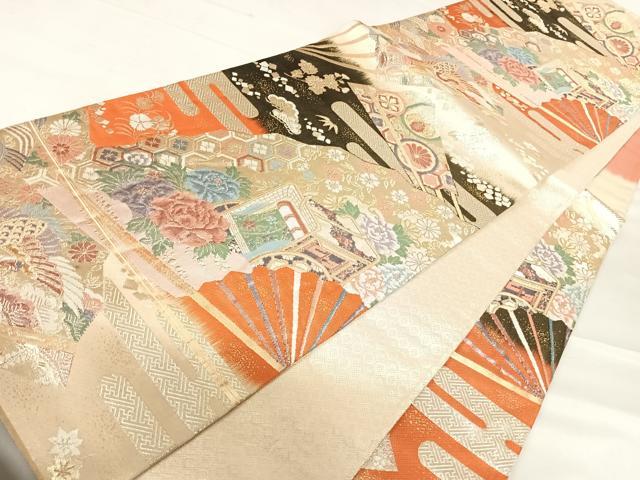 平和屋着物◎九百佐賀錦 六通柄袋帯 慶長 扇面花鳥文 金銀糸 正絹 逸品 AABE3570yx