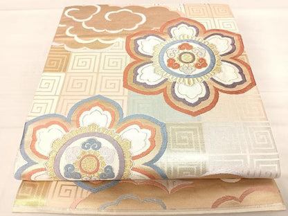 平和屋着物◎六通柄袋帯 唐織 観世好み 雲取り花文 金糸 正絹 逸品 AABE3577yx