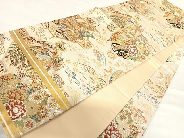 平和屋着物◎アンティーク 大正ロマン 六通柄京袋帯 唐織 飛鶴風景文 金糸 正絹 逸品 AABE3579yx