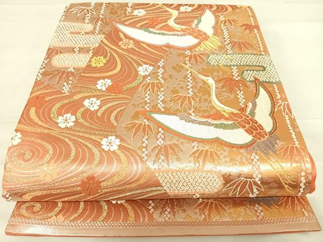平和屋着物◎六通柄袋帯 唐織 飛鶴流水花文 金糸 正絹 逸品 AABE3583yx