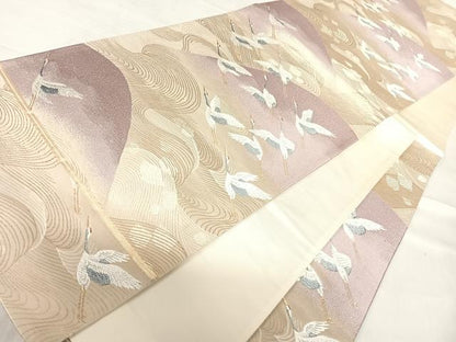 平和屋着物◎六通柄袋帯 唐織 飛鶴遠山立波文 金糸 正絹 逸品 AABE3586yx