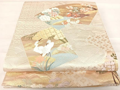 平和屋着物◎六通柄袋帯 唐織 地紙花鳥文 金糸 正絹 逸品 AABE3587yx