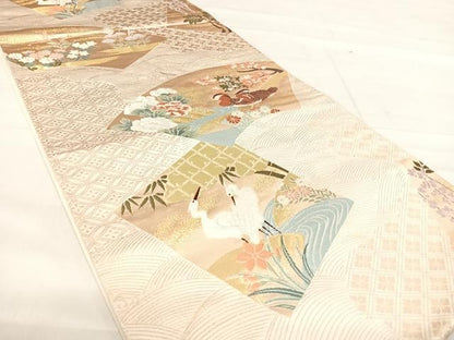 平和屋着物◎六通柄袋帯 唐織 地紙花鳥文 金糸 正絹 逸品 AABE3587yx