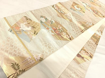 平和屋着物◎六通柄袋帯 唐織 地紙花鳥文 金糸 正絹 逸品 AABE3587yx