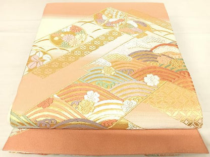 平和屋着物◎六通柄袋帯 唐織つづれ 松皮青海波文 金銀糸 正絹 逸品 AABE3604yx