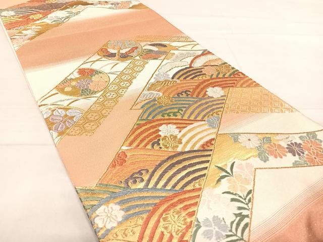 平和屋着物◎六通柄袋帯 唐織つづれ 松皮青海波文 金銀糸 正絹 逸品 AABE3604yx