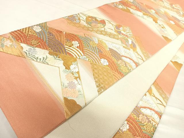 平和屋着物◎六通柄袋帯 唐織つづれ 松皮青海波文 金銀糸 正絹 逸品 AABE3604yx