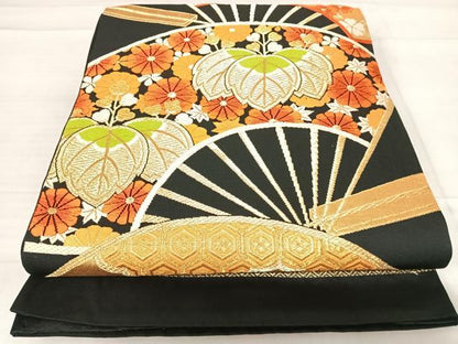 平和屋着物◎六通柄袋帯 唐織 扇面花文 黒地 金糸 正絹 逸品 AABE3607yx