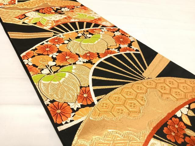 平和屋着物◎六通柄袋帯 唐織 扇面花文 黒地 金糸 正絹 逸品 AABE3607yx