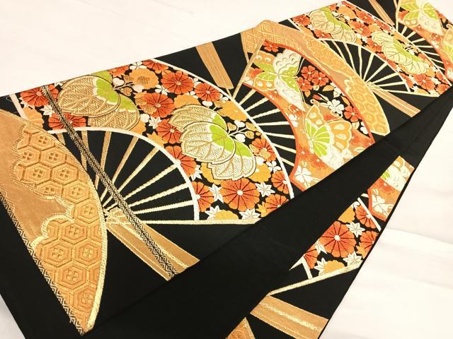 平和屋着物◎六通柄袋帯 唐織 扇面花文 黒地 金糸 正絹 逸品 AABE3607yx