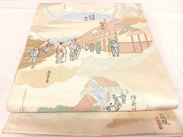 平和屋着物◎六通柄袋帯　唐織　東海道五十三次図　金糸　正絹　逸品　AABE3616yx