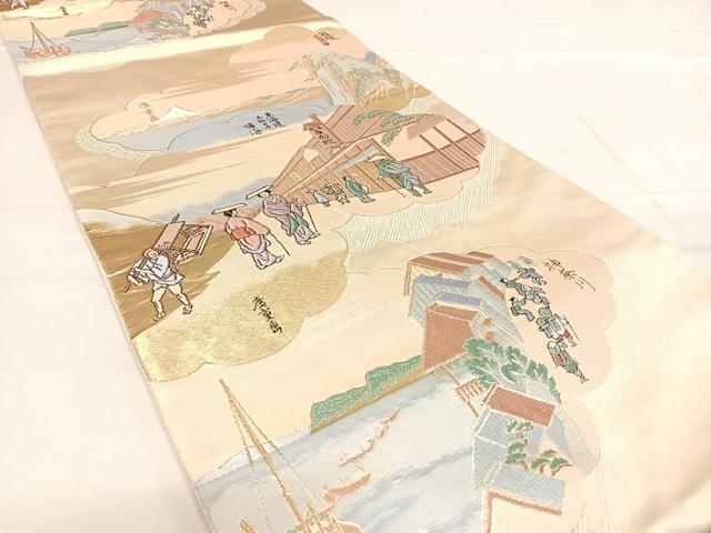 平和屋着物◎六通柄袋帯　唐織　東海道五十三次図　金糸　正絹　逸品　AABE3616yx