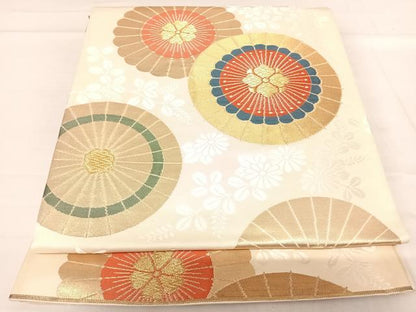 平和屋着物◎六通柄袋帯　唐織　番傘花文　金糸　正絹　逸品　AABE3617yx