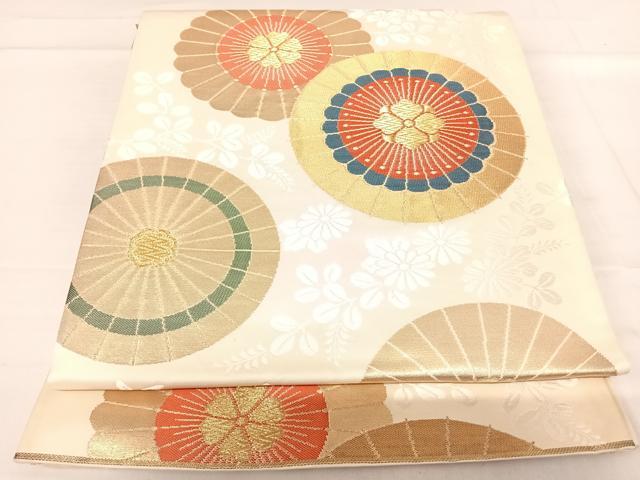 平和屋着物◎六通柄袋帯　唐織　番傘花文　金糸　正絹　逸品　AABE3617yx
