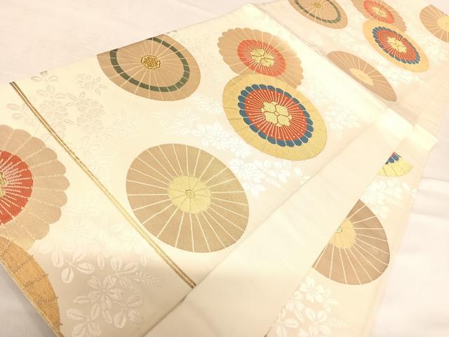 平和屋着物◎六通柄袋帯　唐織　番傘花文　金糸　正絹　逸品　AABE3617yx