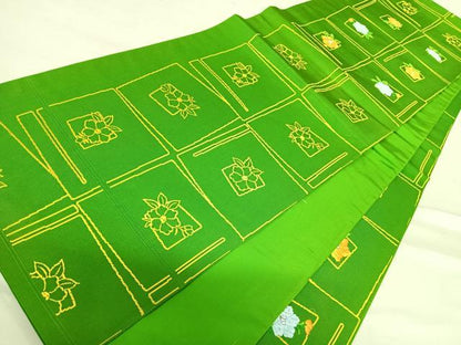平和屋着物◎六通柄袋帯　唐織　草花文　銀糸　正絹　逸品　AABE3624yx
