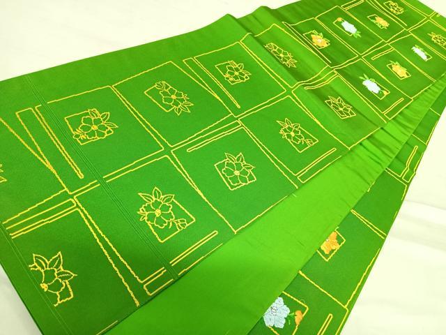 平和屋着物◎六通柄袋帯　唐織　草花文　銀糸　正絹　逸品　AABE3624yx