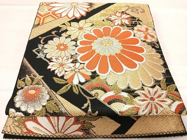 平和屋着物◎六通柄　本袋帯　唐織　花唐草文　黒地　金糸　正絹　逸品　AABE3627yx