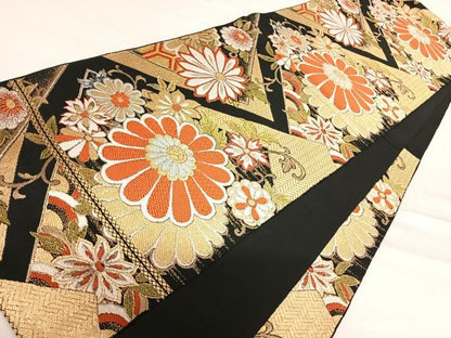 平和屋着物◎六通柄　本袋帯　唐織　花唐草文　黒地　金糸　正絹　逸品　AABE3627yx