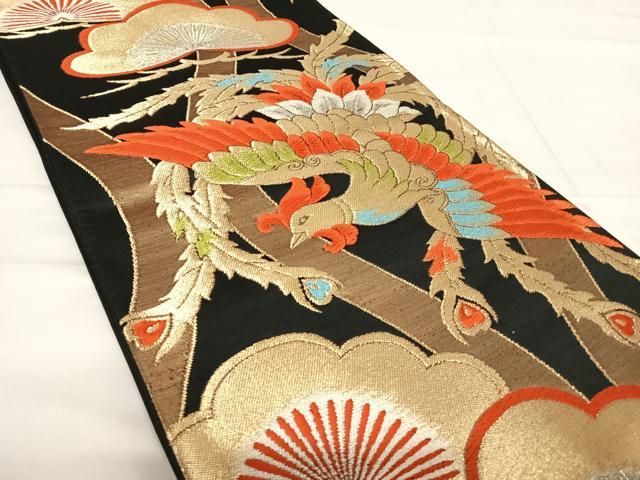 平和屋着物◎六通柄袋帯　唐織　鳳凰立涌文　黒地　金銀糸　正絹　逸品　AABE3628yx