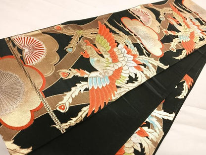 平和屋着物◎六通柄袋帯　唐織　鳳凰立涌文　黒地　金銀糸　正絹　逸品　AABE3628yx