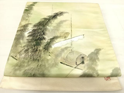 平和屋着物◎太鼓柄袋帯　作家物　手描き　風景文　正絹　逸品　AABE3634yx