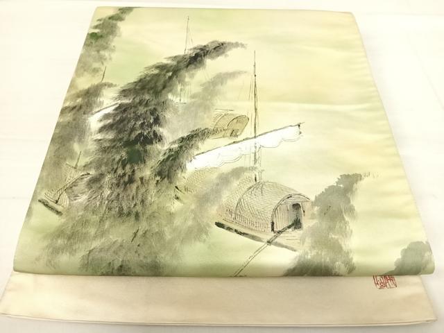 平和屋着物◎太鼓柄袋帯　作家物　手描き　風景文　正絹　逸品　AABE3634yx