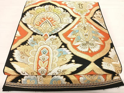 平和屋着物◎六通柄 本袋帯 更紗花文 黒地 金銀糸 正絹 逸品 AABE3638yx