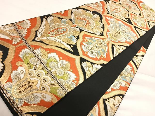 平和屋着物◎六通柄 本袋帯 更紗花文 黒地 金銀糸 正絹 逸品 AABE3638yx