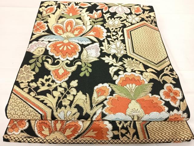 平和屋着物◎六通柄 本袋帯 更紗花文 黒地 金糸 正絹 逸品 AABE3639yx