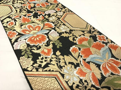 平和屋着物◎六通柄 本袋帯 更紗花文 黒地 金糸 正絹 逸品 AABE3639yx