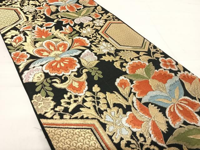 平和屋着物◎六通柄 本袋帯 更紗花文 黒地 金糸 正絹 逸品 AABE3639yx