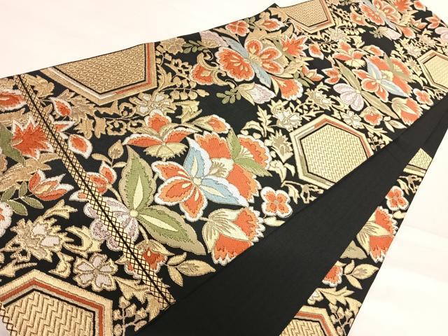平和屋着物◎六通柄 本袋帯 更紗花文 黒地 金糸 正絹 逸品 AABE3639yx