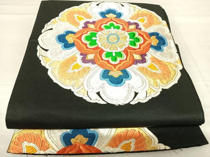 平和屋着物◎六通柄袋帯　唐織　正倉院花文　黒地　金銀糸　正絹　逸品　AABE3644yx