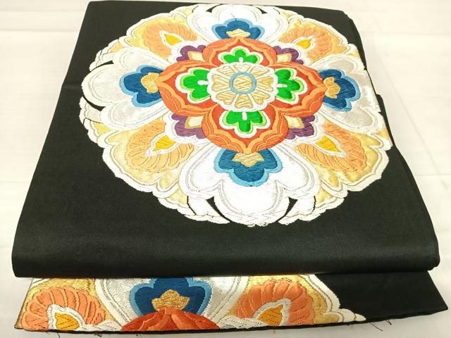 平和屋着物◎六通柄袋帯　唐織　正倉院花文　黒地　金銀糸　正絹　逸品　AABE3644yx