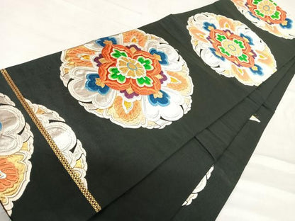 平和屋着物◎六通柄袋帯　唐織　正倉院花文　黒地　金銀糸　正絹　逸品　AABE3644yx
