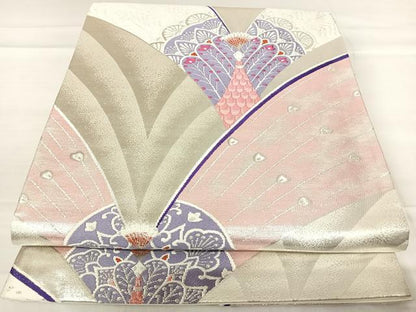 平和屋着物◎六通柄袋帯　唐織　孔雀文　銀糸　正絹　逸品　AABE3655yx