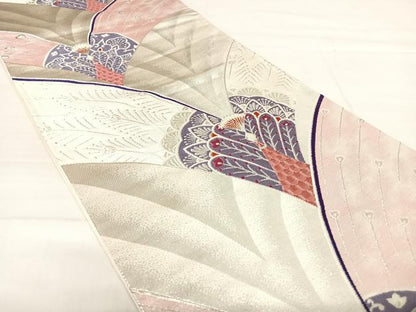 平和屋着物◎六通柄袋帯　唐織　孔雀文　銀糸　正絹　逸品　AABE3655yx
