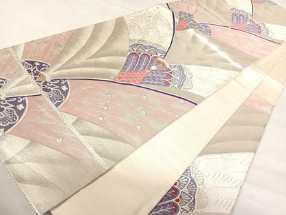 平和屋着物◎六通柄袋帯　唐織　孔雀文　銀糸　正絹　逸品　AABE3655yx