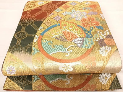 平和屋着物◎六通柄袋帯 唐織 舞蝶花丸文 金糸 正絹 逸品 AABE3666yx