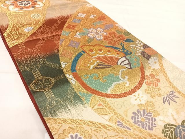 平和屋着物◎六通柄袋帯 唐織 舞蝶花丸文 金糸 正絹 逸品 AABE3666yx